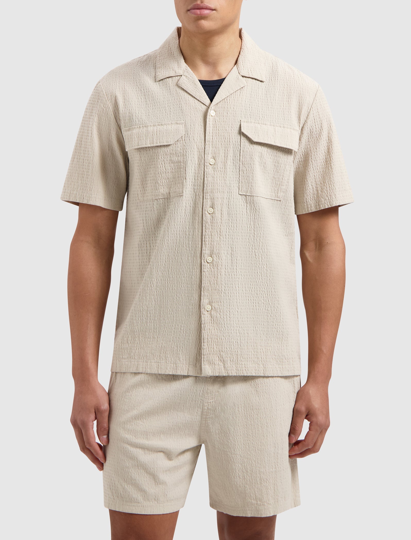 Pure Path Short Sleeve Seersucker Shirt- Sand