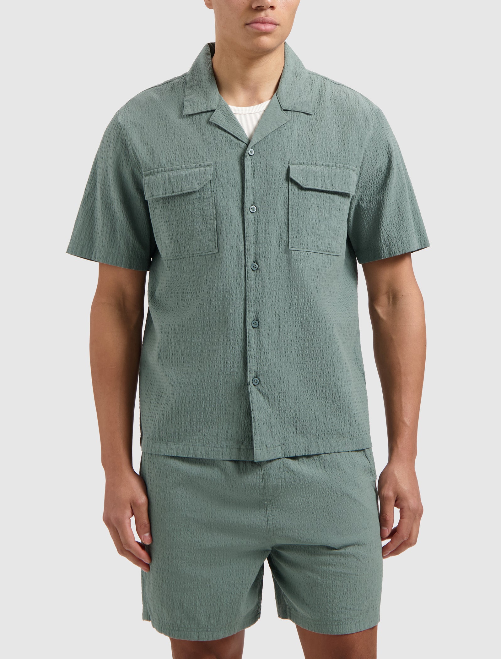 Pure Path Short Sleeve Seersucker Shirt- Faded Green
