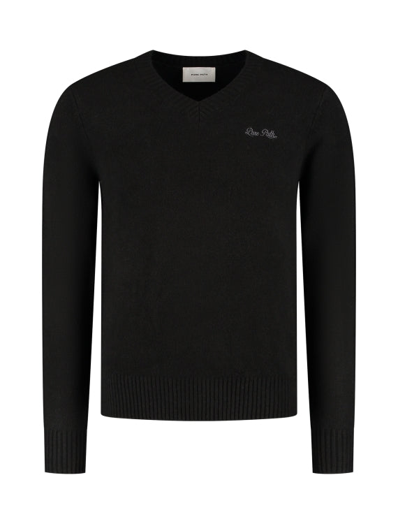 Pure Path Melange Knit V-Neck Sweater- Black