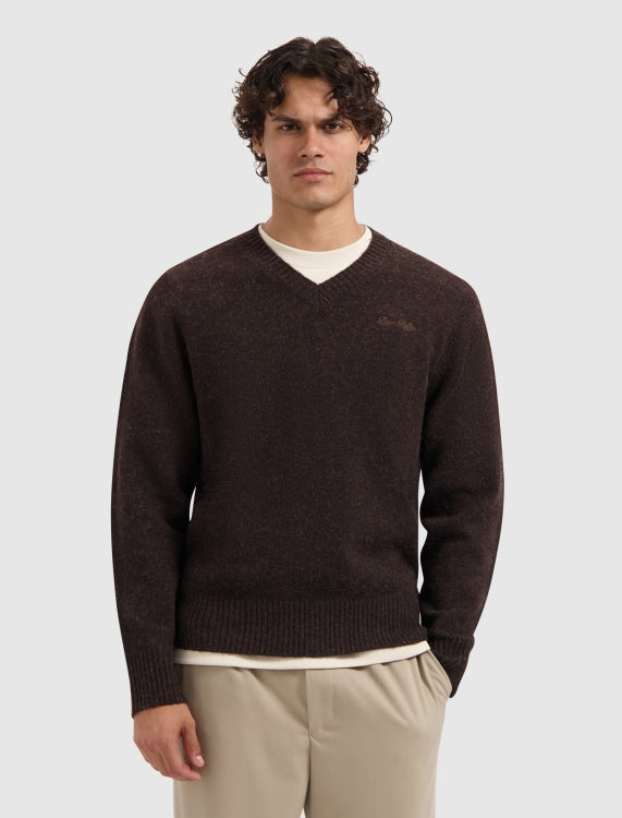 Pure Path Melange Knit V-Neck Sweater- Dark Brown