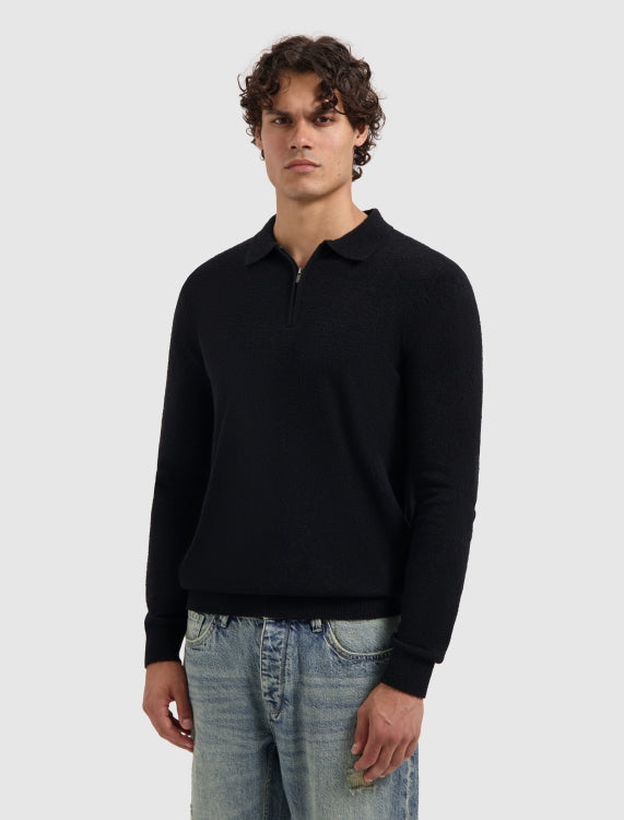 Pure Path Boucle Knit Half-Zip Sweater- Black