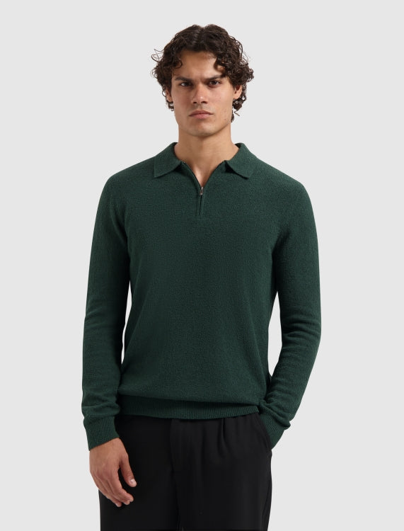 Pure Path Boucle Knit Half-Zip Sweater- Dark Green