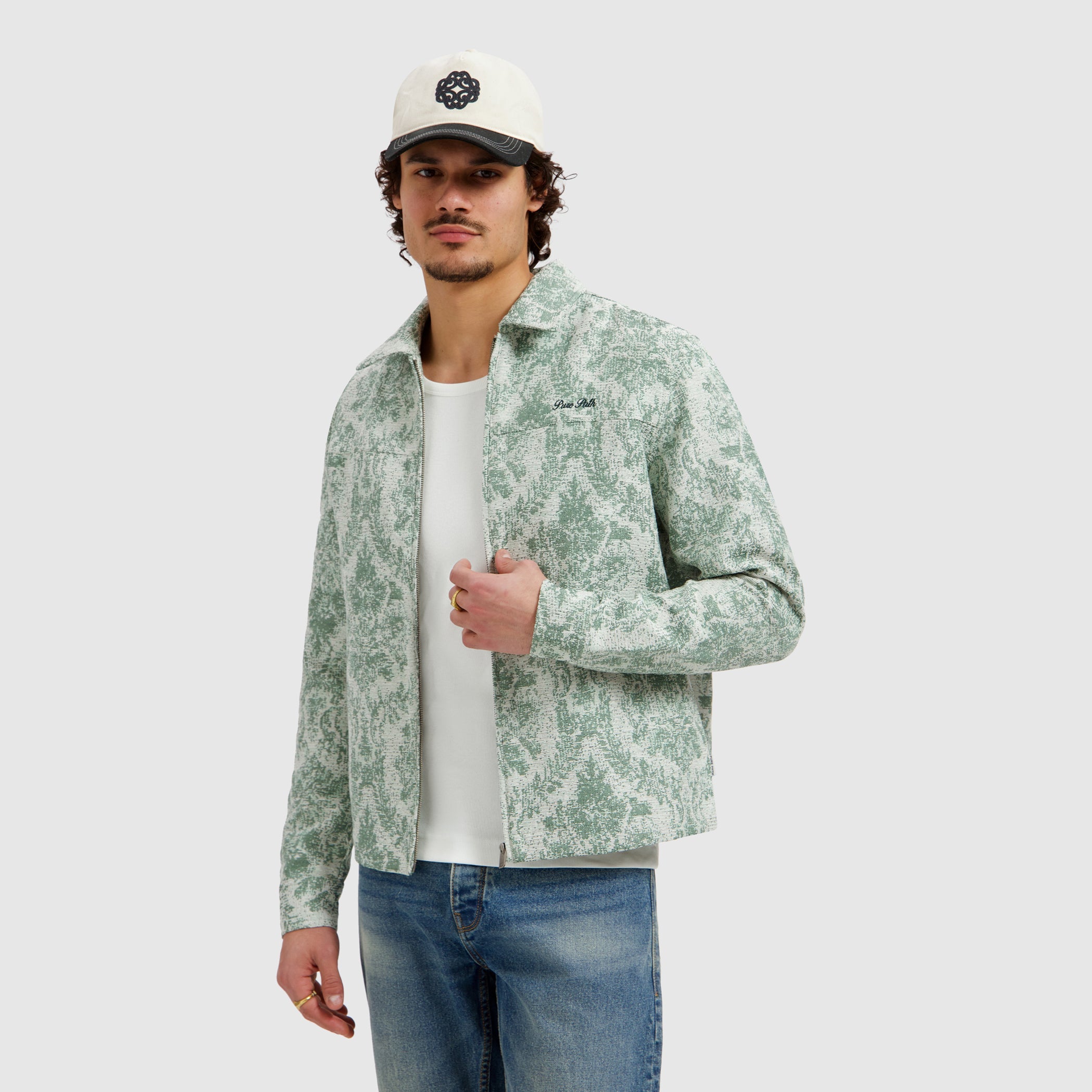 Pure Path Jacquard Flower Full Zip Overshirt - Mint