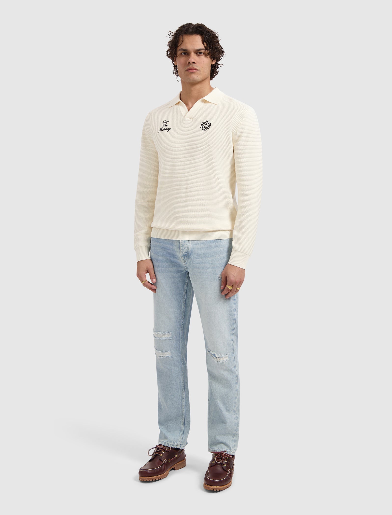 Pure Path Embroidered Braided Knit Polo - Off White