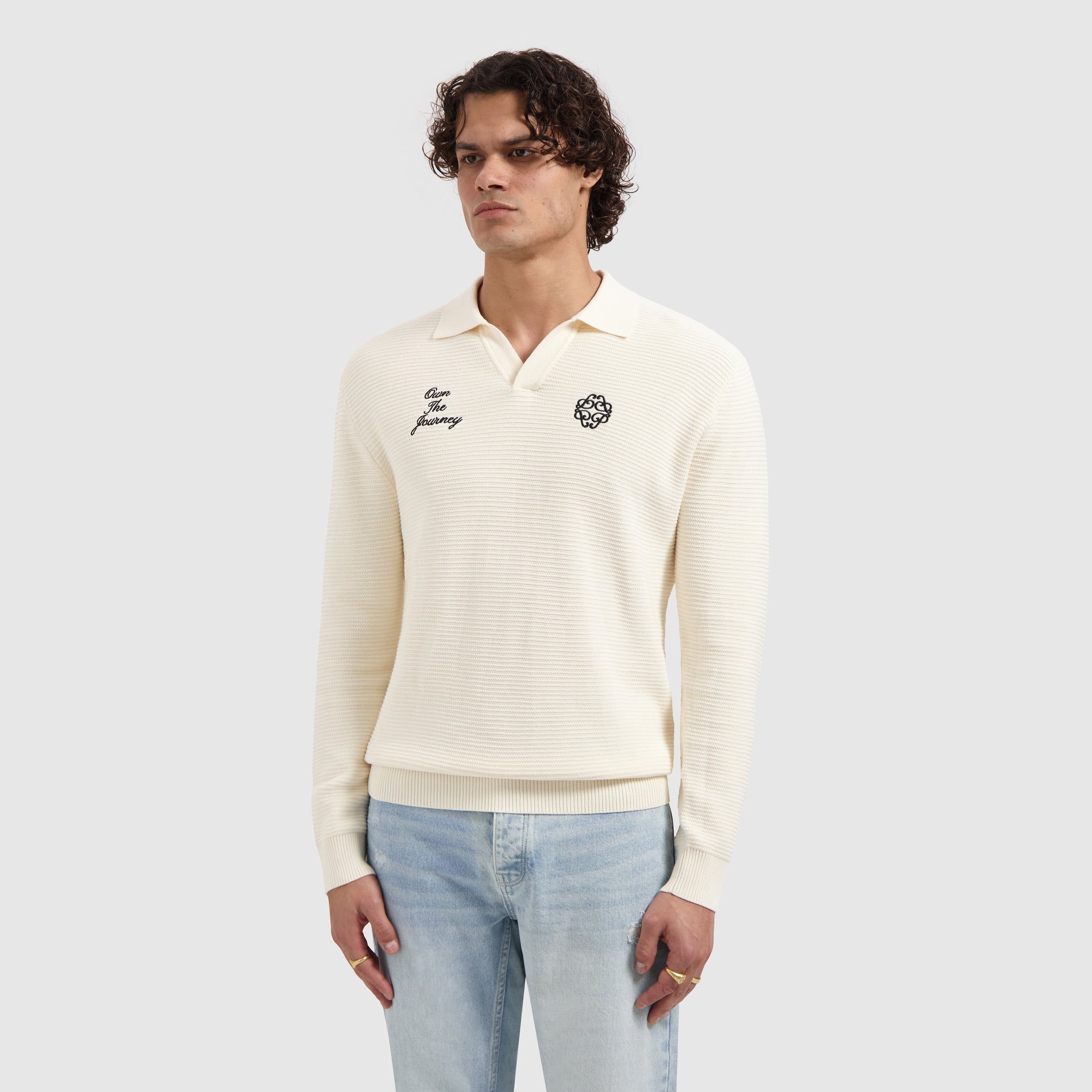 Pure Path Embroidered Braided Knit Polo - Off White