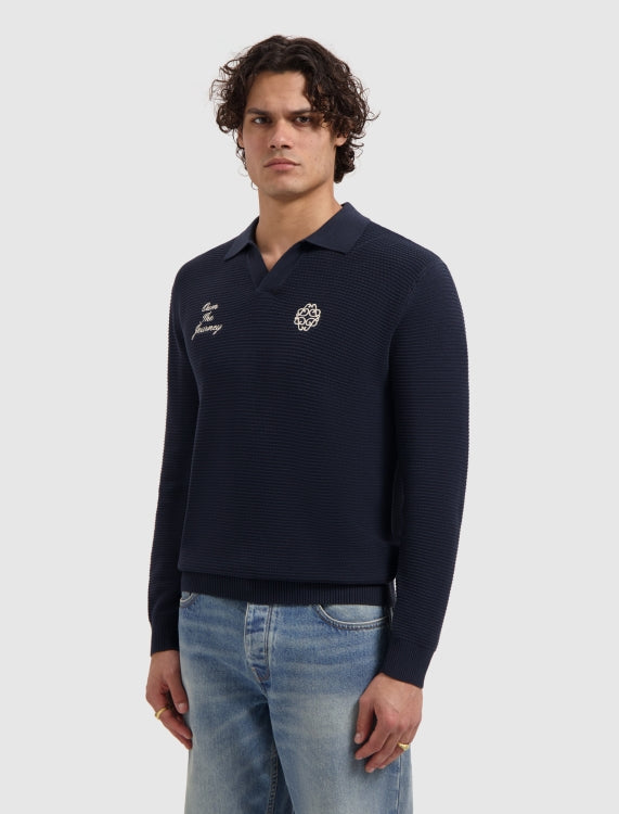 Pure Path Embroidered Braided Knit Polo - Dark Navy
