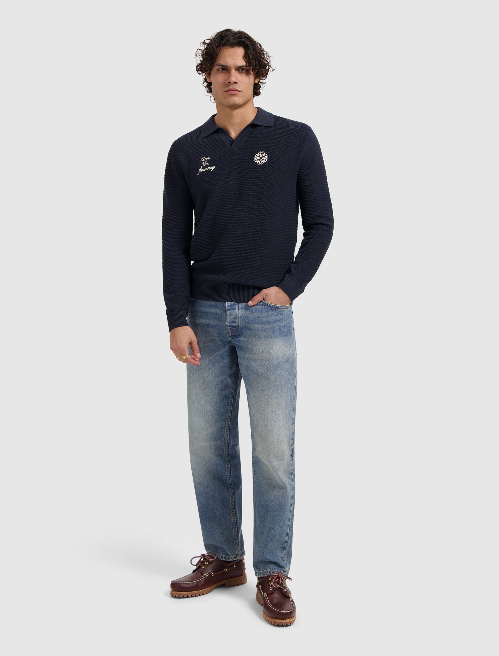 Pure Path Embroidered Braided Knit Polo - Dark Navy