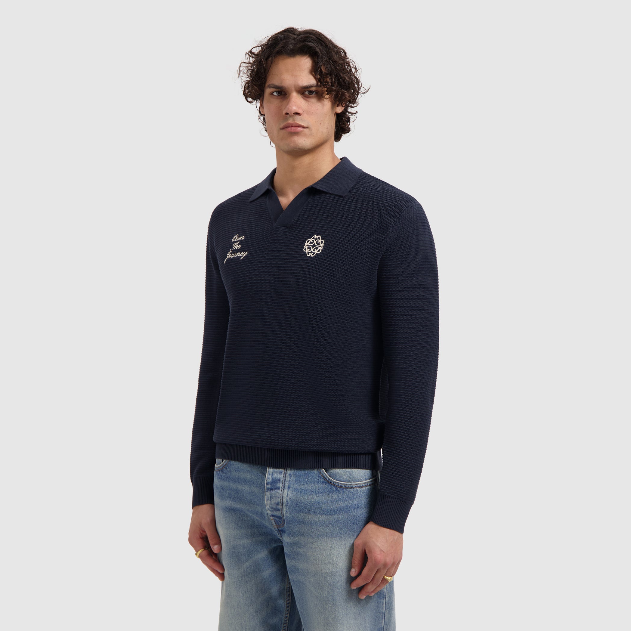 Pure Path Embroidered Braided Knit Polo - Dark Navy