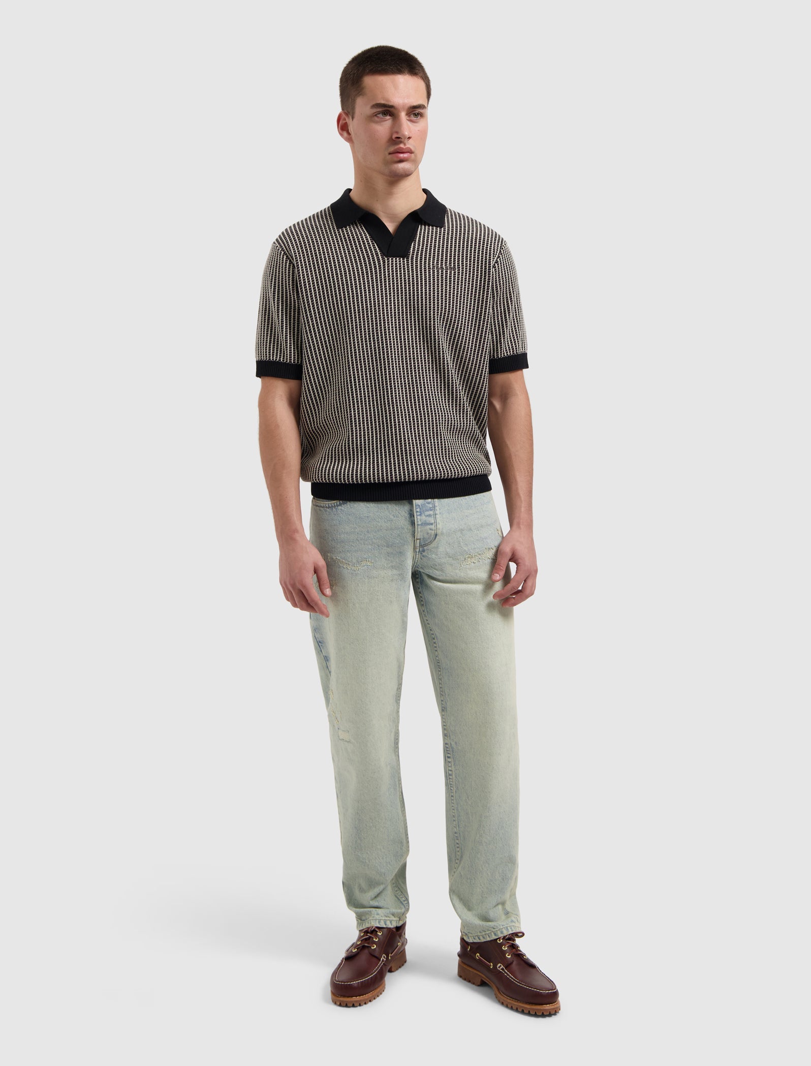 Pure Path Ladder Stitch Knit Polo - Black