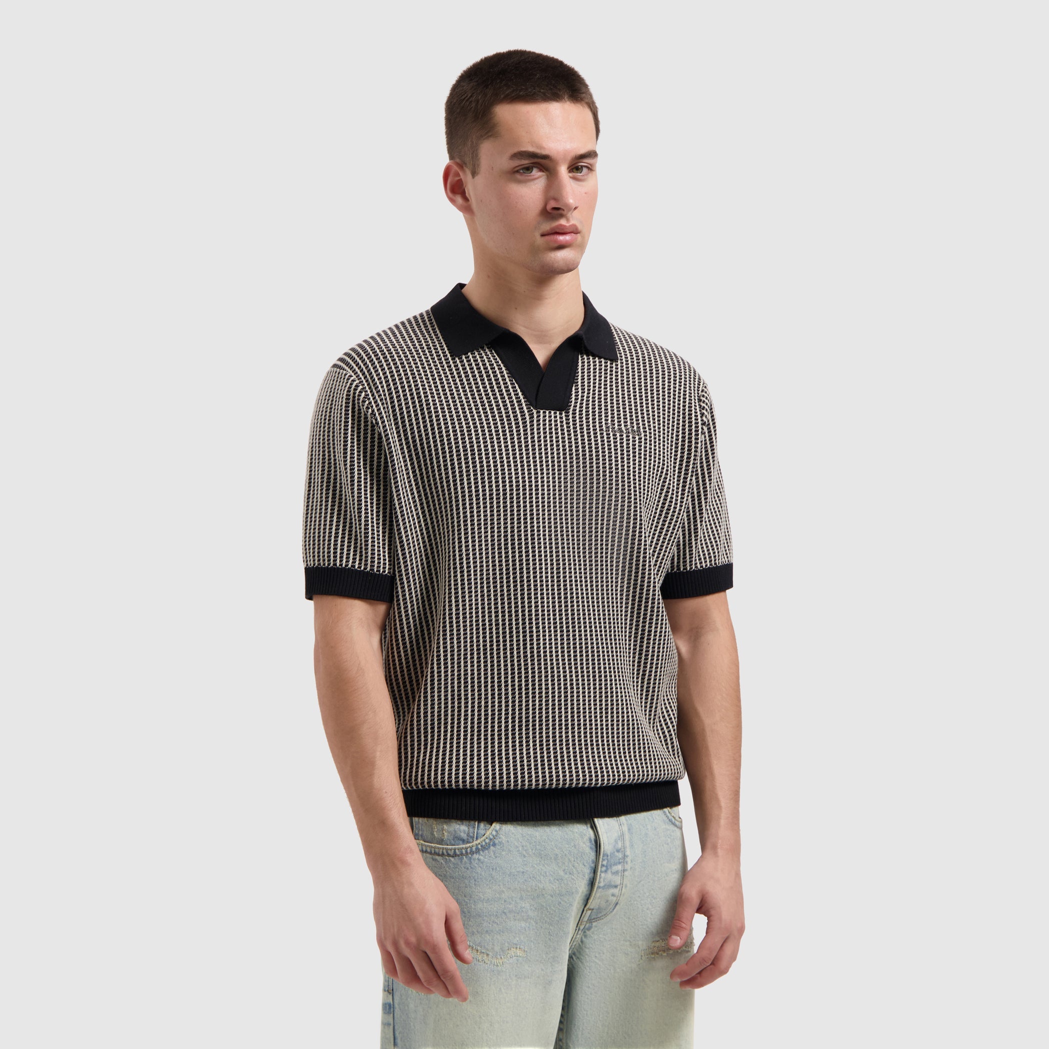 Pure Path Ladder Stitch Knit Polo - Black