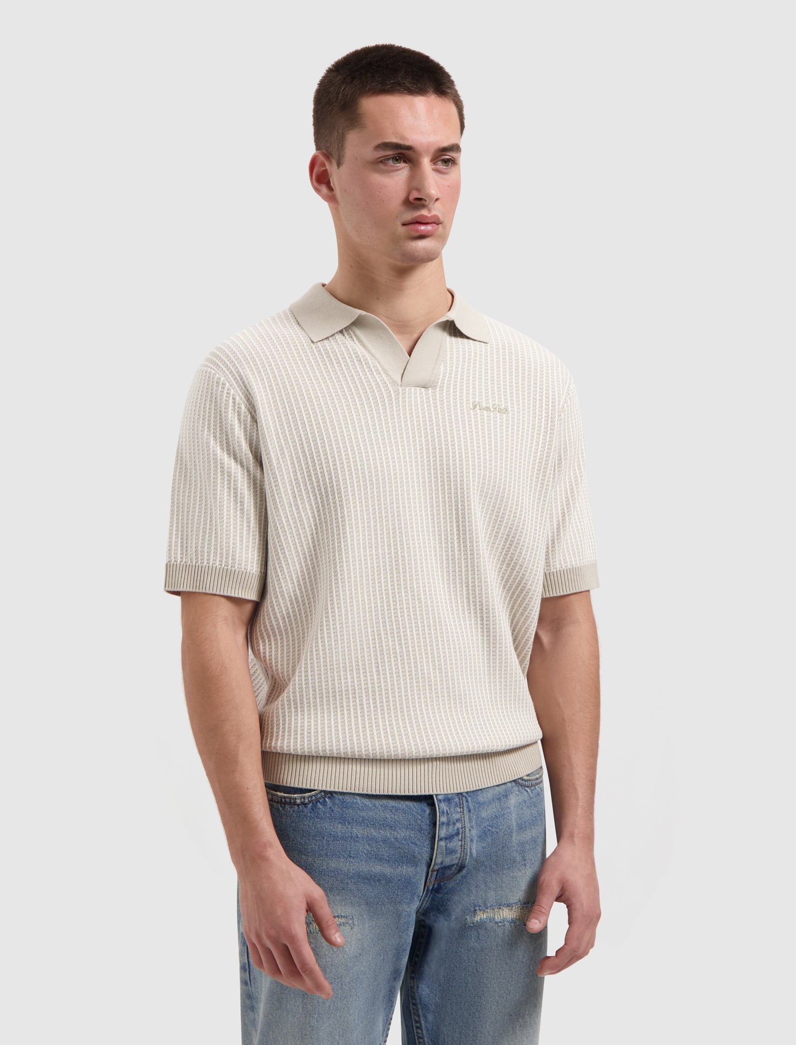 Pure Path Ladder Stitch Knit Polo - Sand