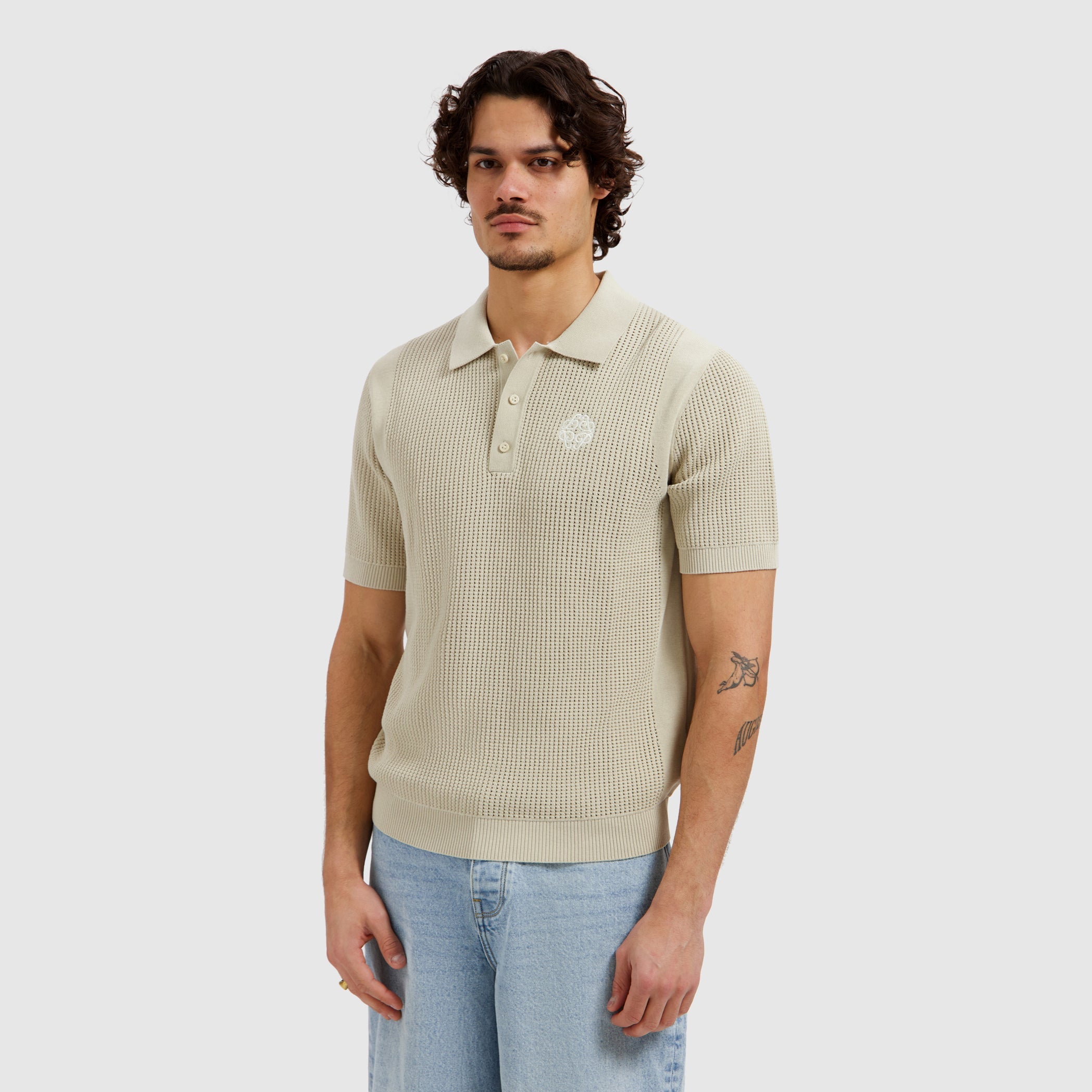 Pure Path Emblem Open Knit Polo - Sand