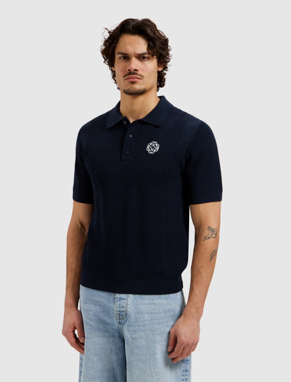 Pure Path Emblem Open Knit Polo - Dark Navy