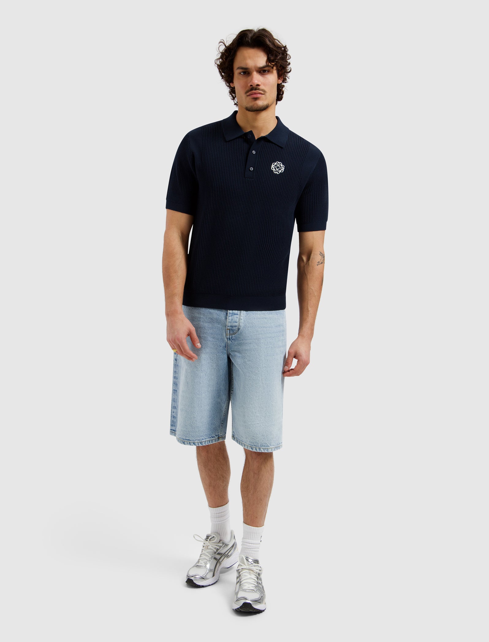 Pure Path Emblem Open Knit Polo - Dark Navy