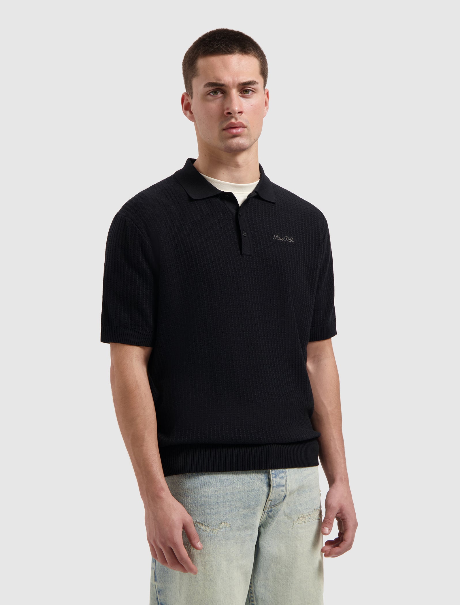 Pure Path Ladder Stitch Knit Polo - Black