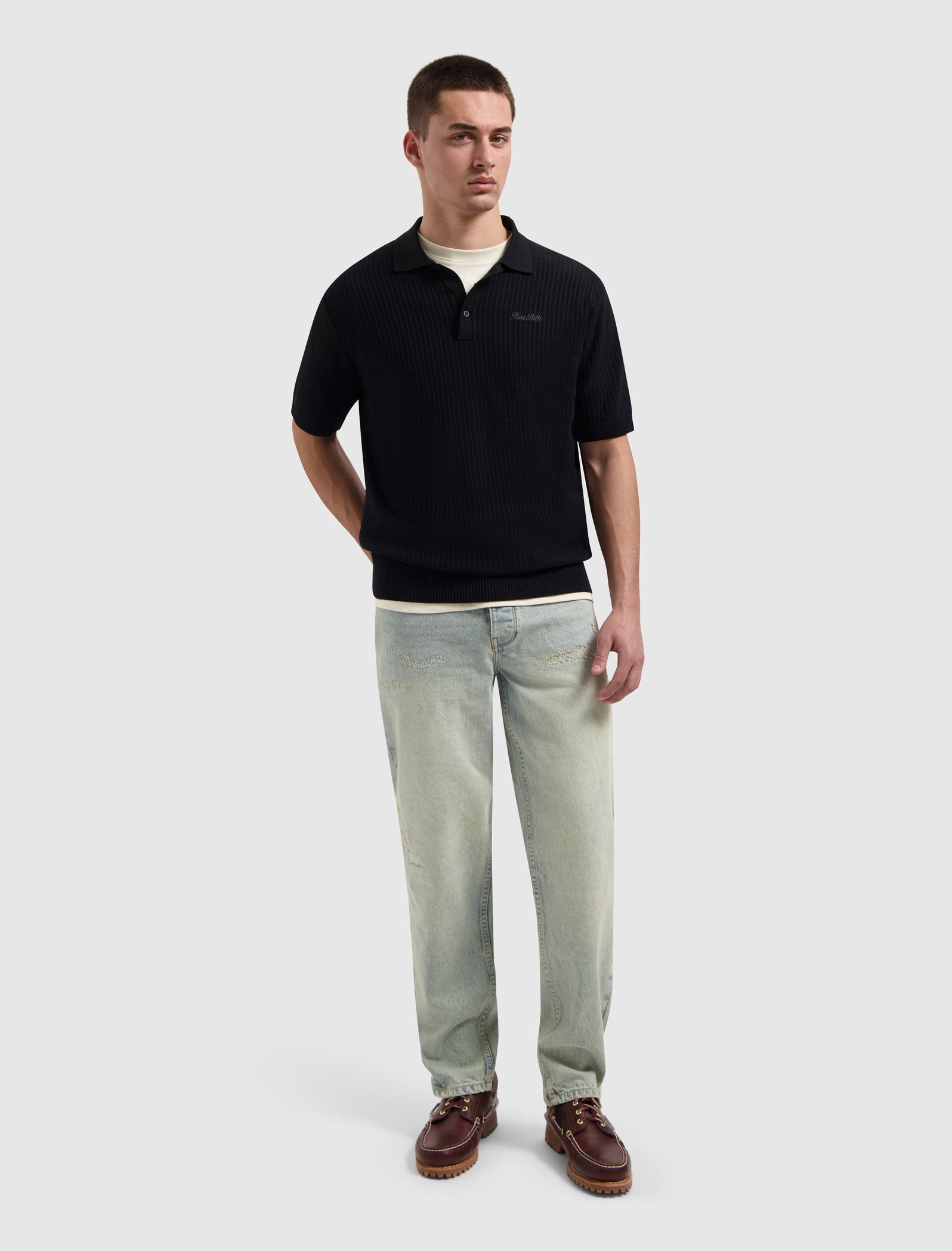 Pure Path Ladder Stitch Knit Polo - Black