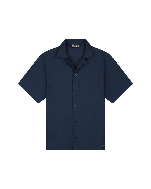 Malelions Men Ribbed Camp Collar Shirt- Navy