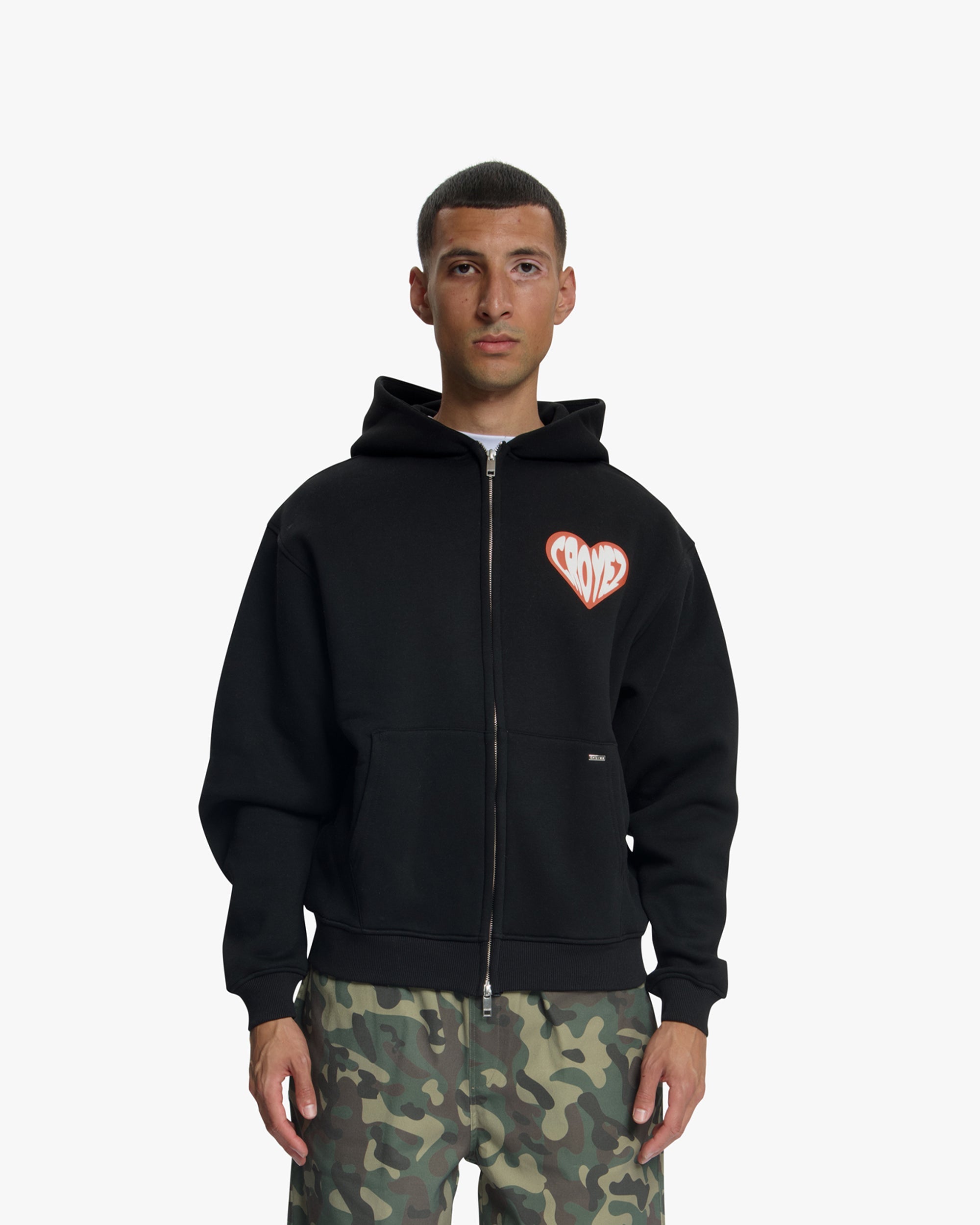Croyez Puffed Heart Zip Hoodie - Black/Orange