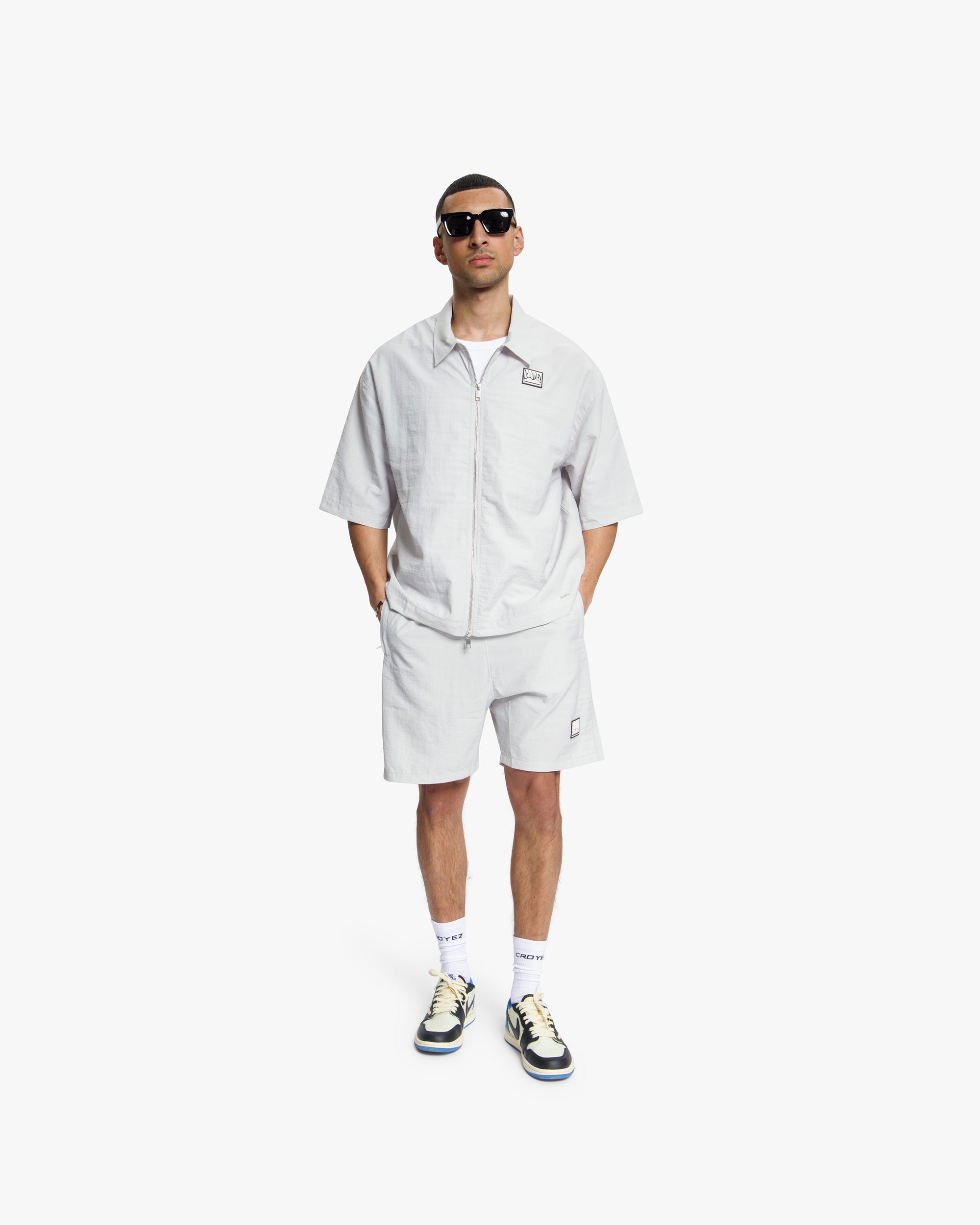 Croyez Crinkle Patch Shorts- Light Grey
