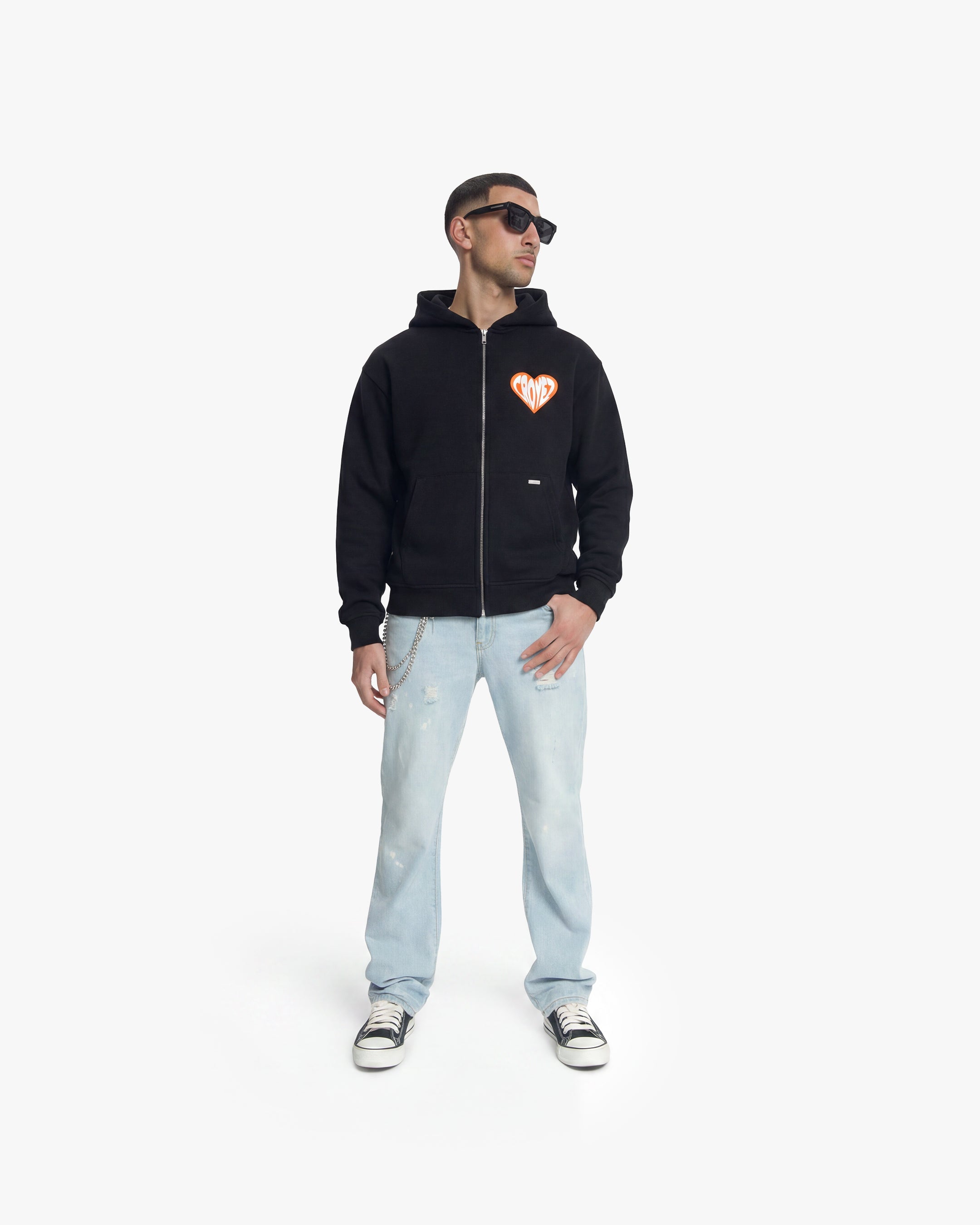 Croyez Puffed Heart Zip Hoodie - Black/Orange