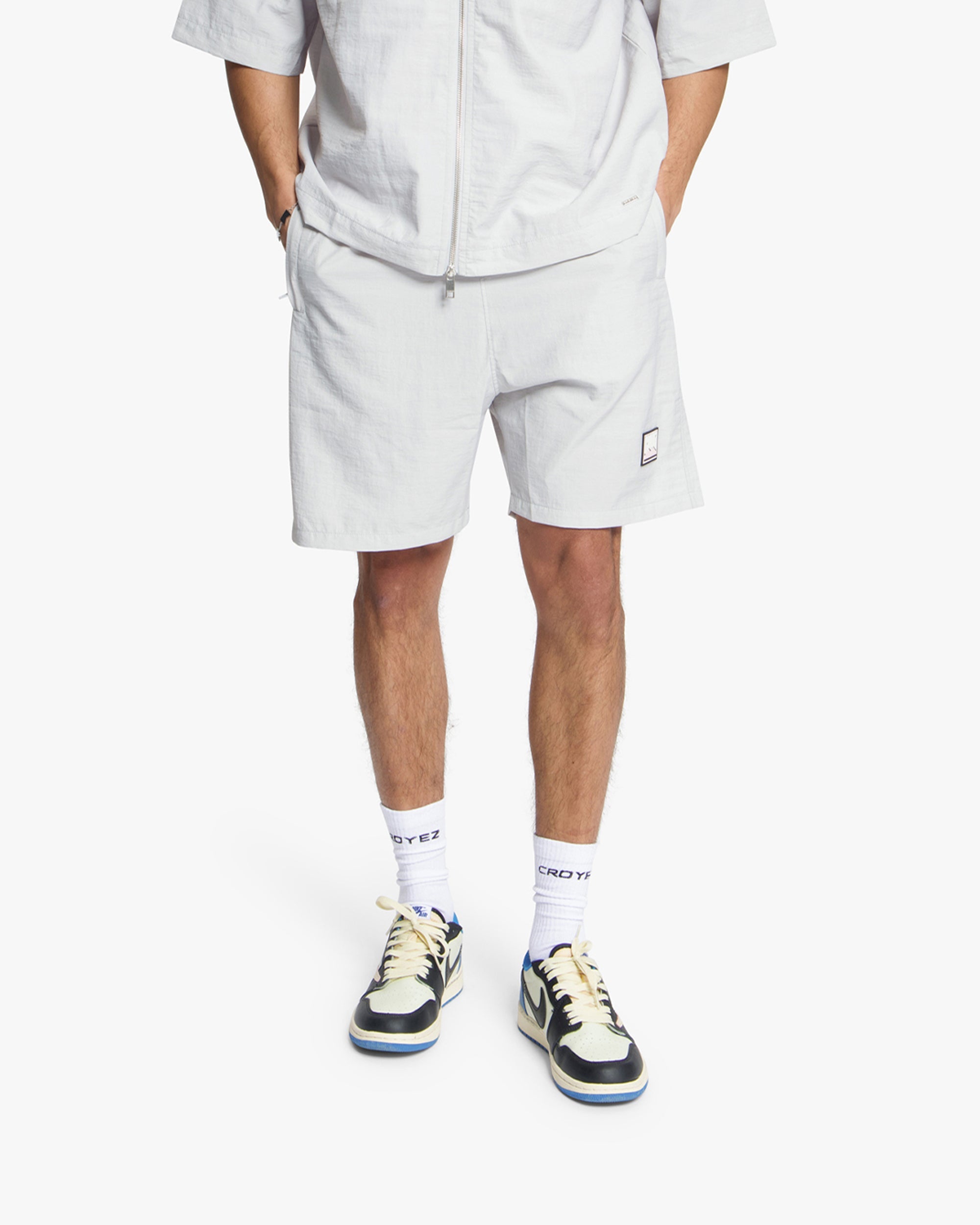 Croyez Crinkle Patch Shorts- Light Grey