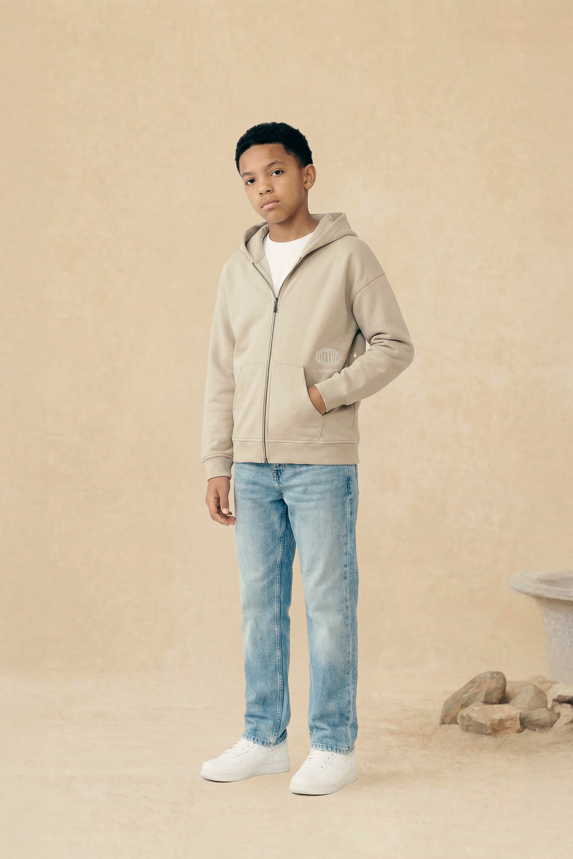 Malelions Junior Relaxed Lifestyle Zip Hoodie -Cream/Off-White