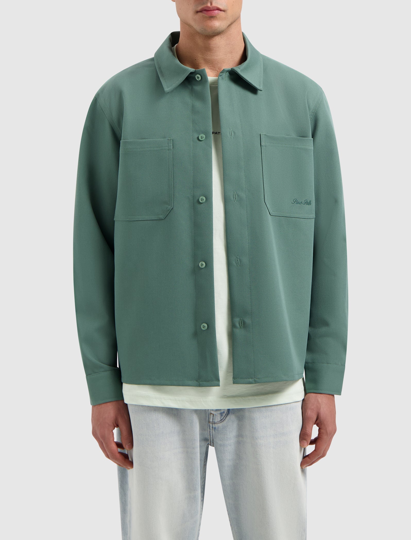 Pure Path Cursive Embroidery Shirt- Faded Green