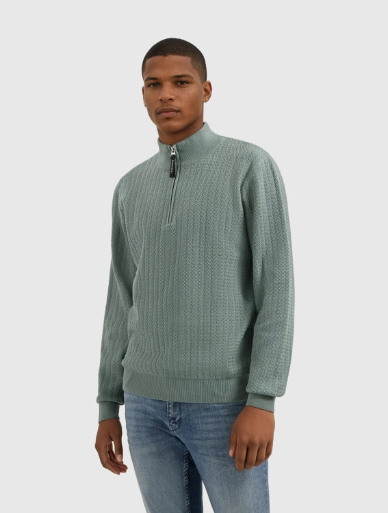 Pure Path Jacquard Structure Half-Zip Sweater- Army Green