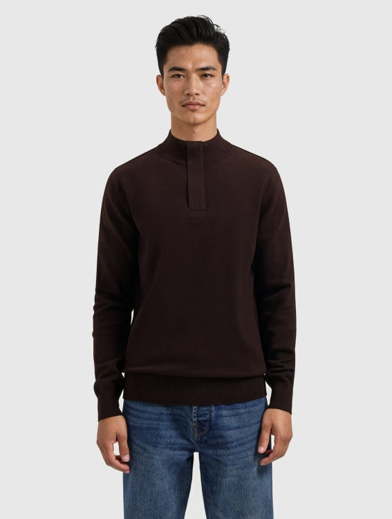 Pure Path Knit Hidden Half-Zip Sweater- Dark Brown