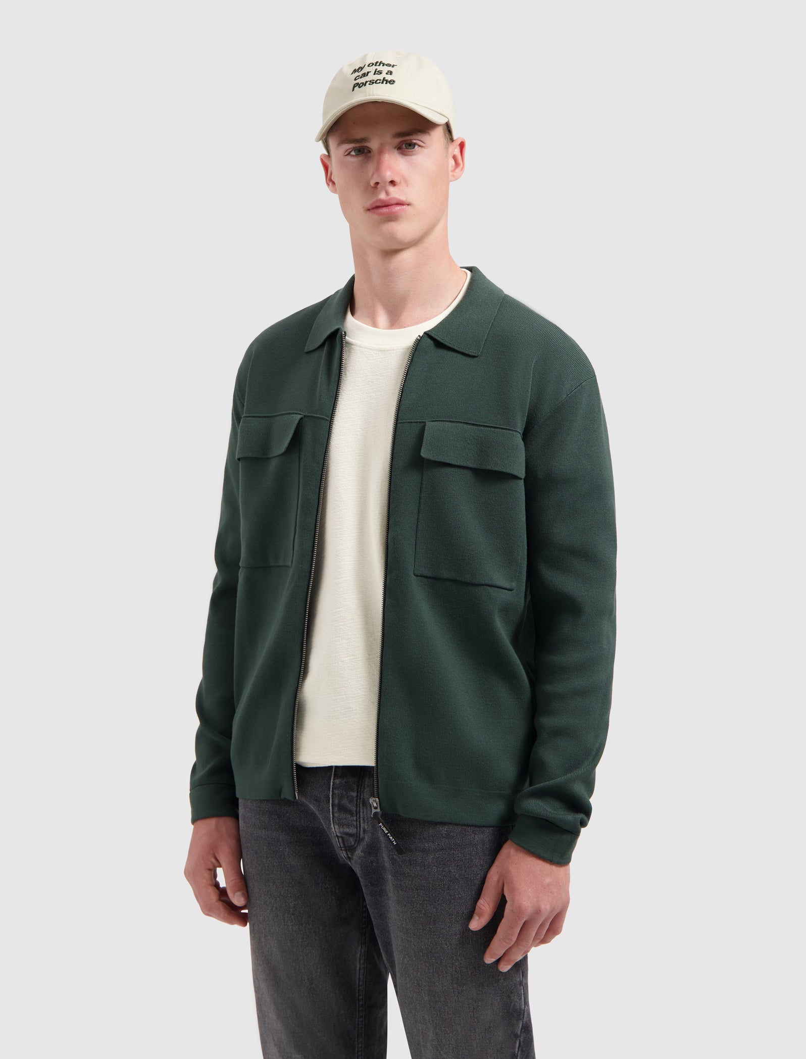 Pure Path Heavy Knit Full Zip Cardigan - Dark Green