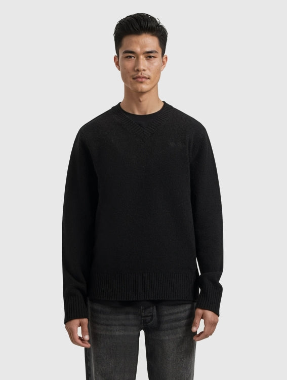 Pure Path Melange Knit V-Neck Sweater- Black