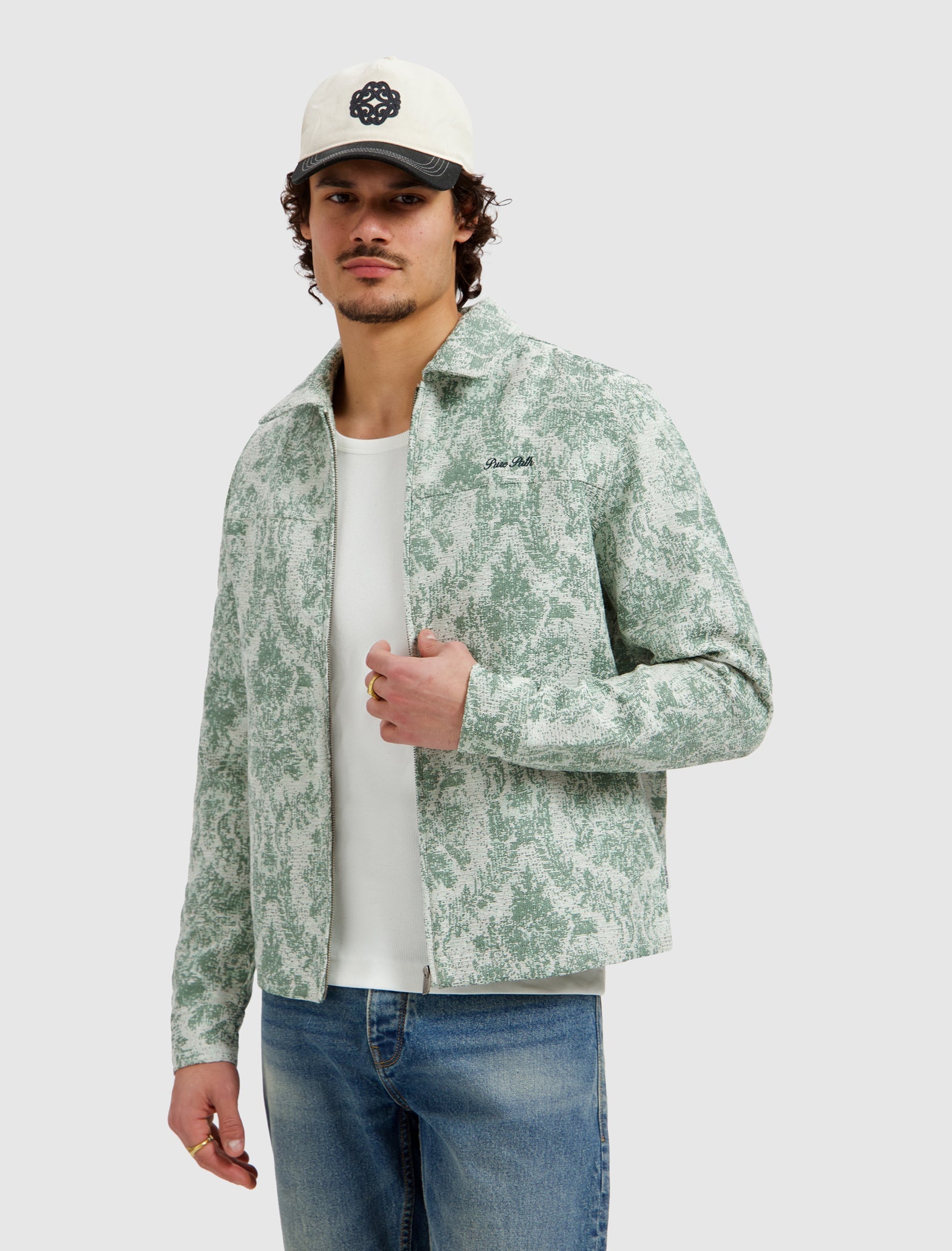 Pure Path Jacquard Flower Full Zip Overshirt - Mint