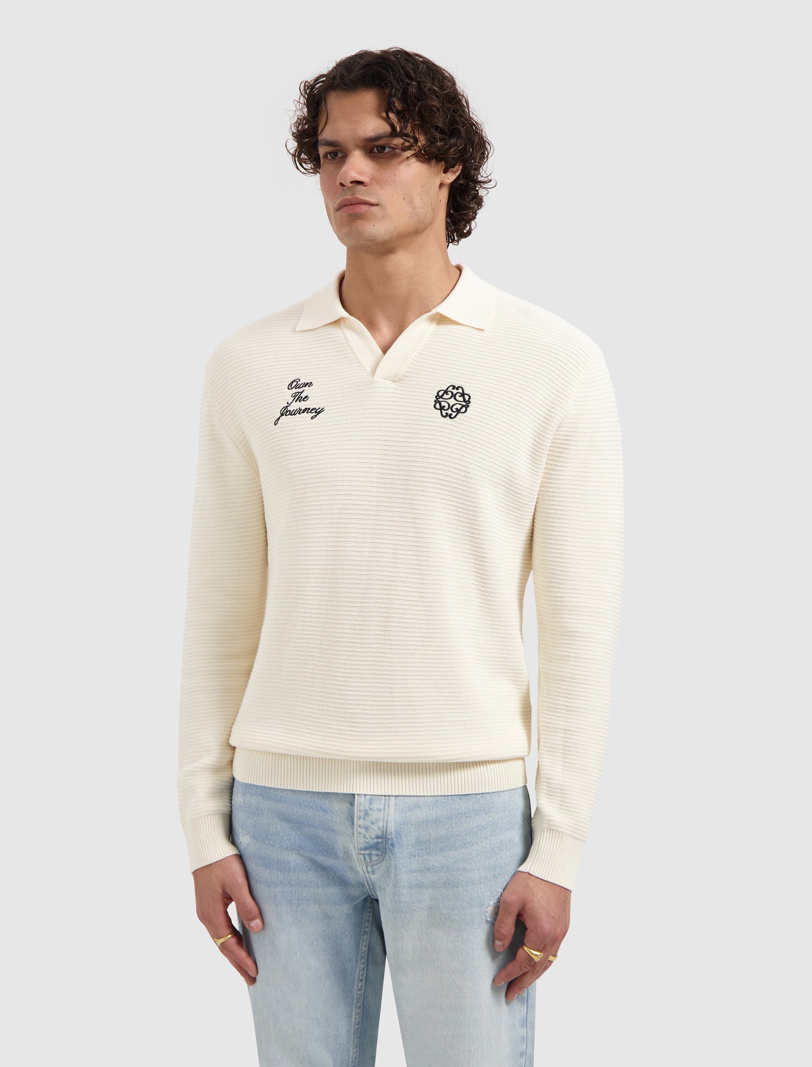 Pure Path Embroidered Braided Knit Polo - Off White