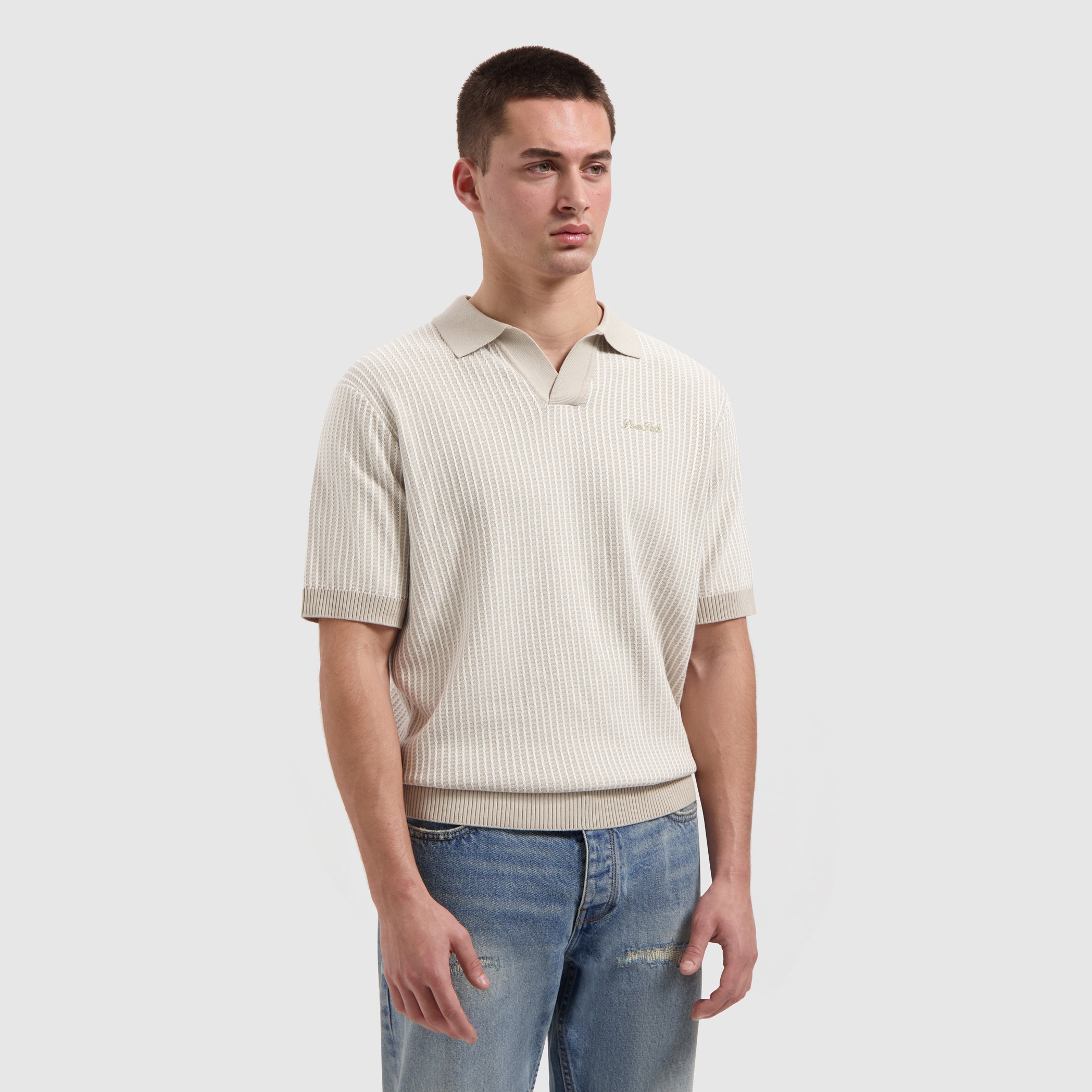 Pure Path Ladder Stitch Knit Polo - Sand