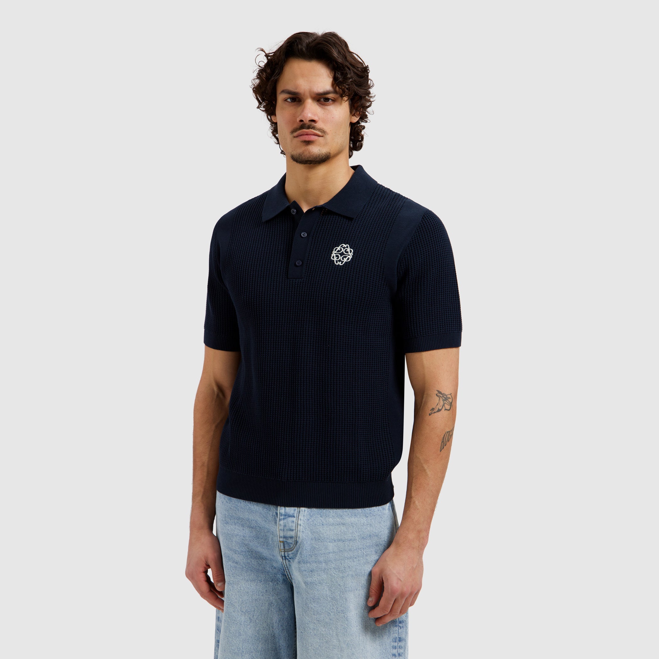 Pure Path Emblem Open Knit Polo - Dark Navy