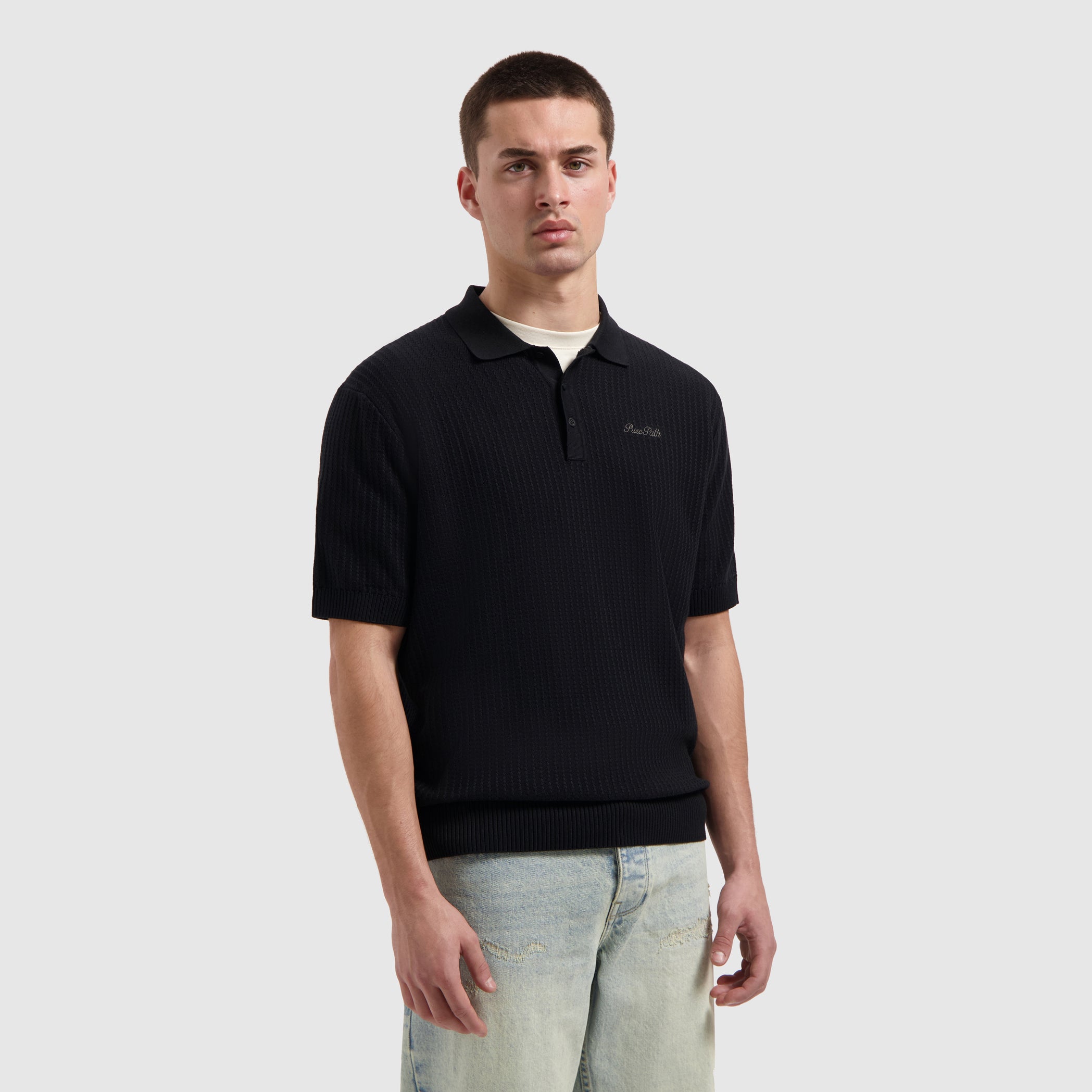 Pure Path Ladder Stitch Knit Polo - Black
