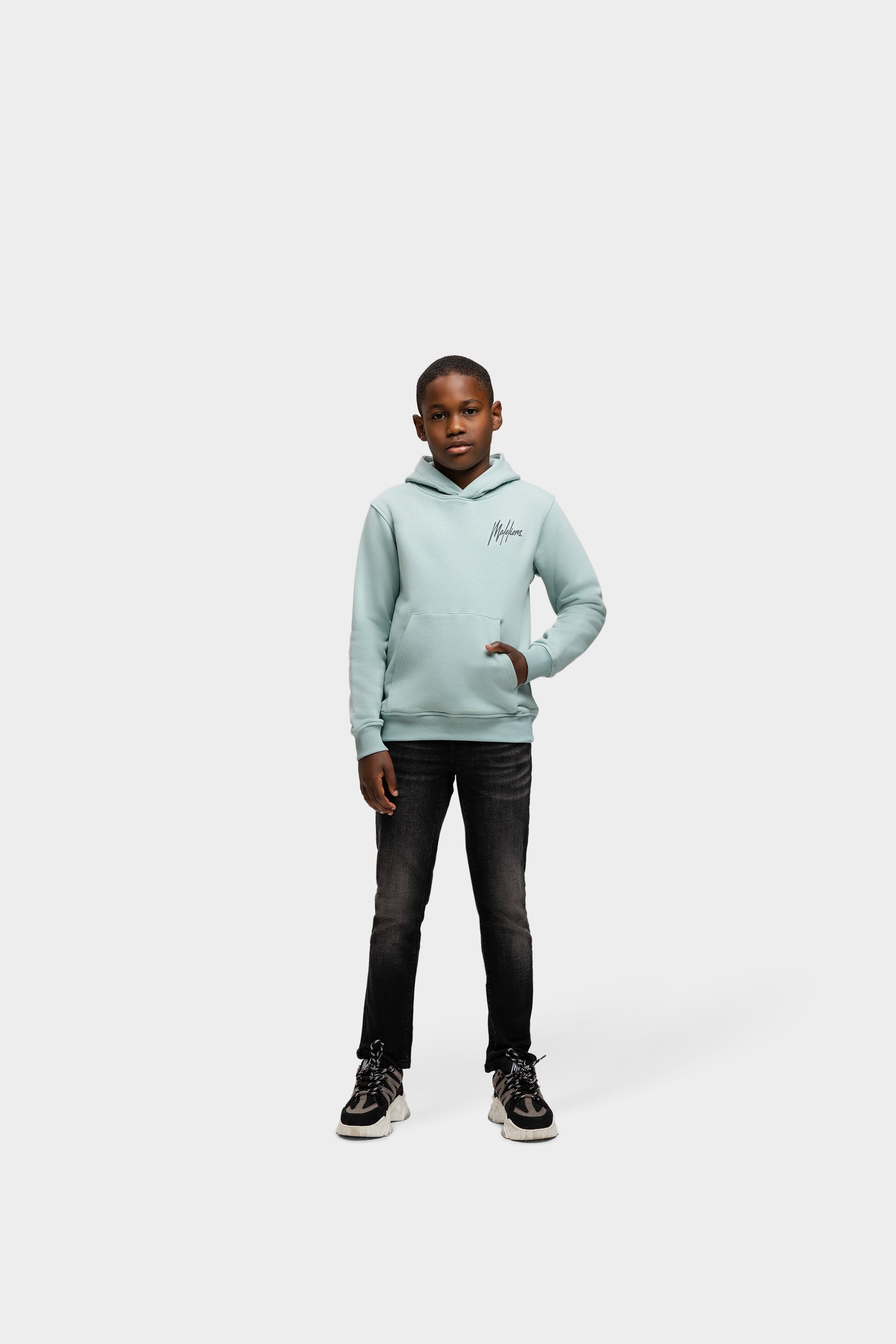 Malelions Junior Striped Signature Hoodie - Aqua Grey / Anthracite
