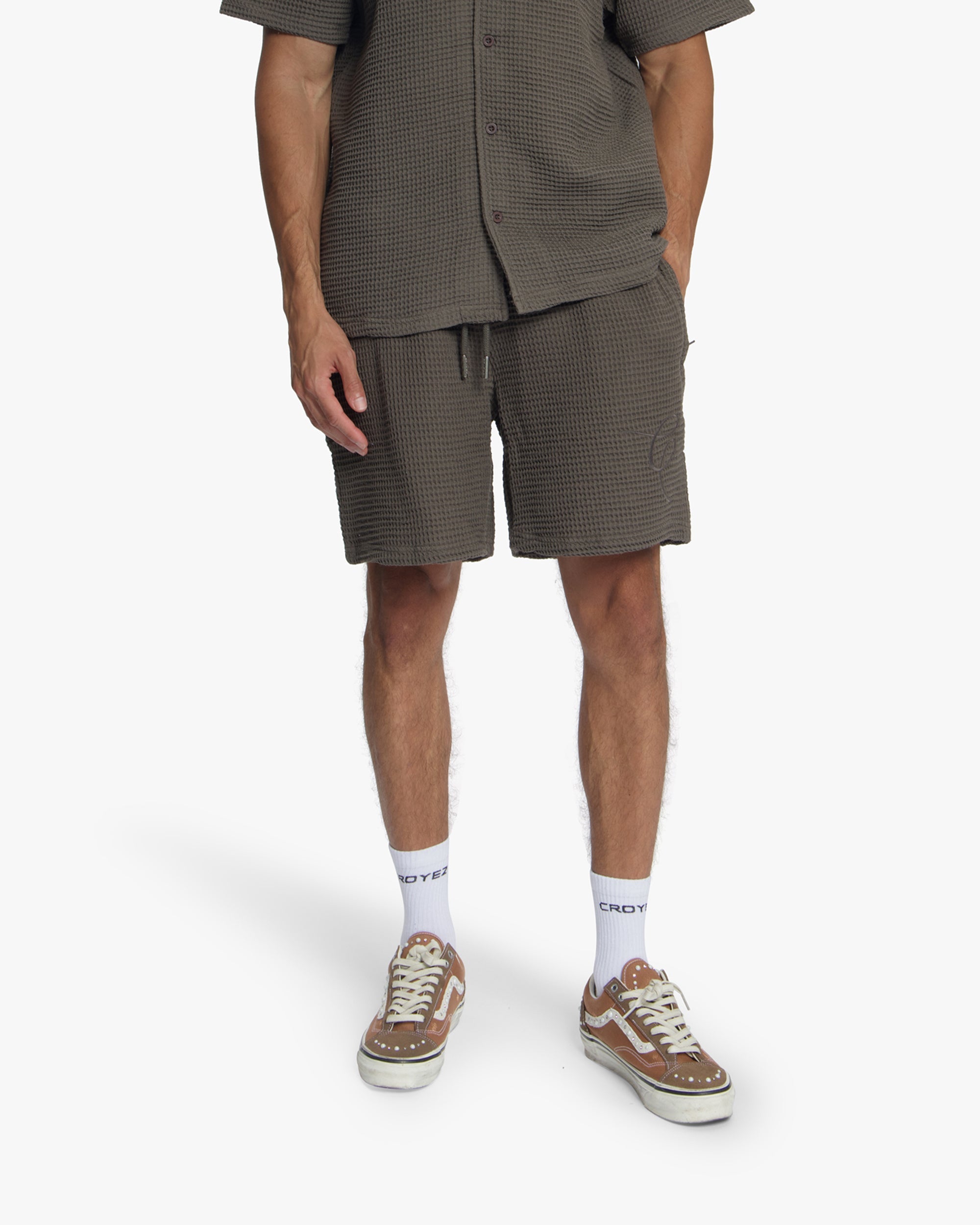 Croyez Initial Waffle Shorts- Washed Brown