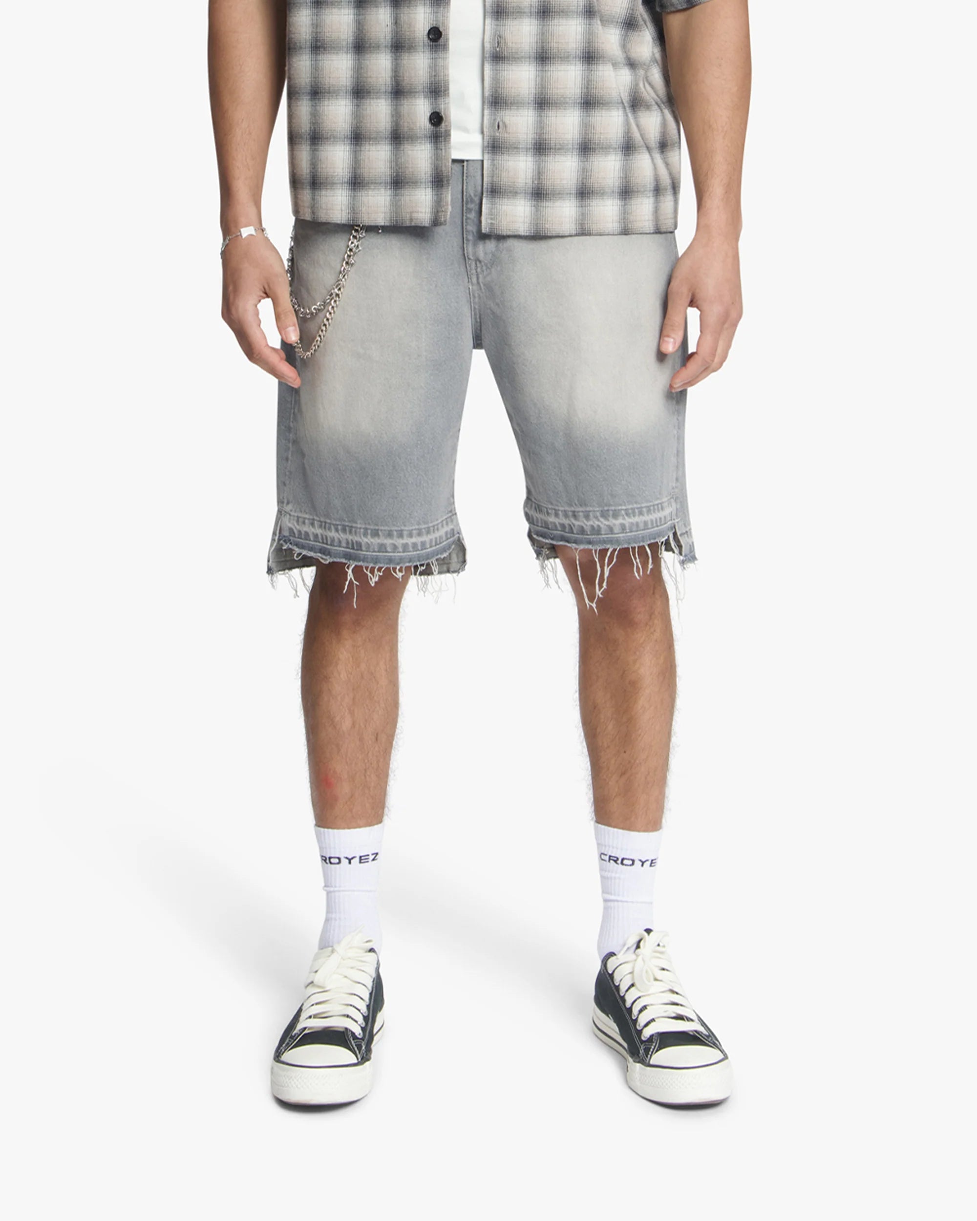Croyez CD2 Stepped Hem Denim Shorts- Dark Grey