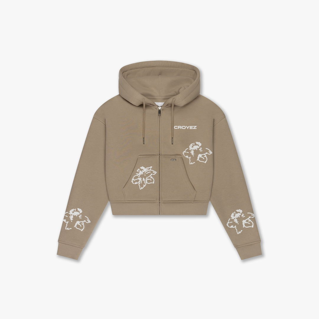 Croyez Women Flower Zip Hoodie- Sand