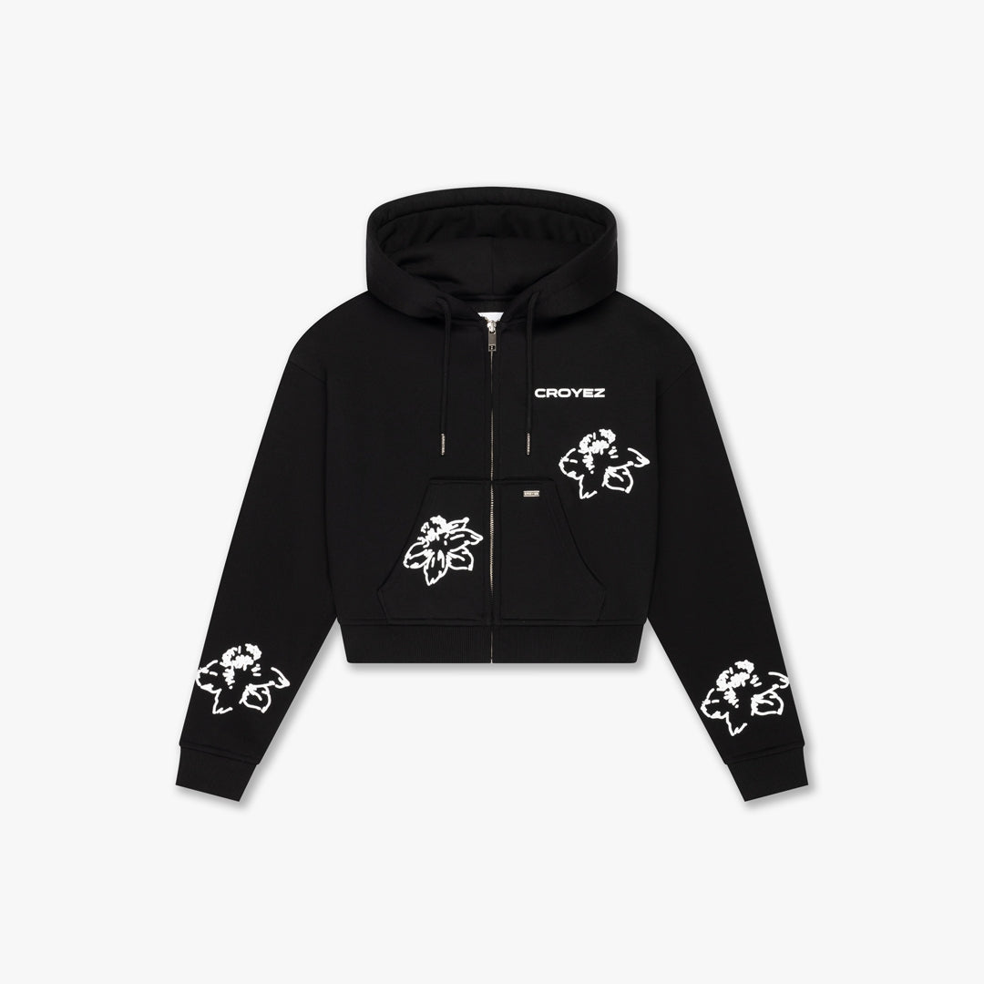 Croyez Women Flower Zip Hoodie- Black