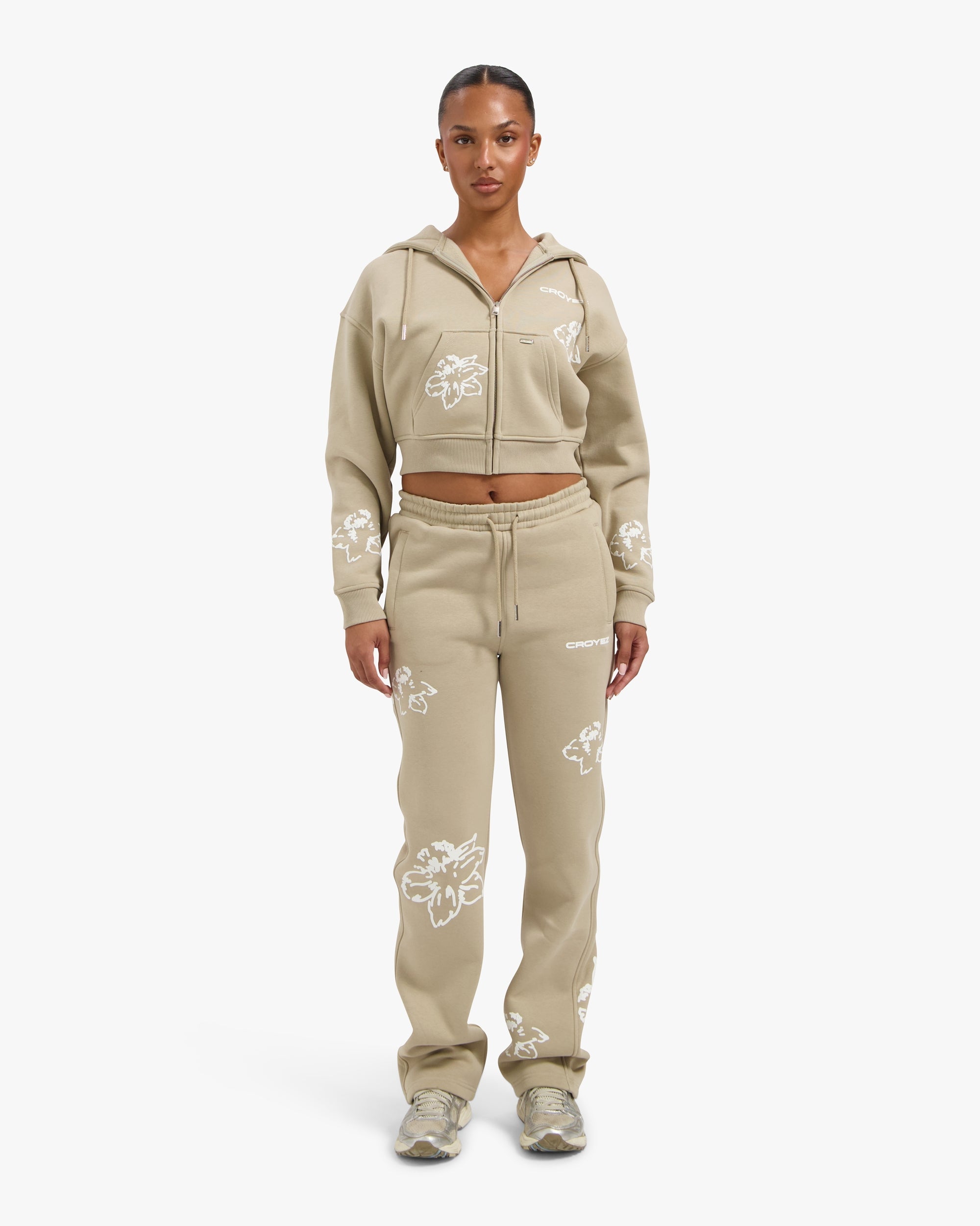 Croyez Women Flower Zip Hoodie- Sand