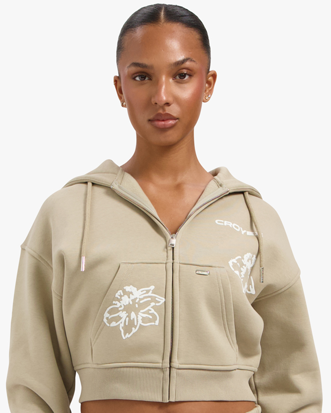Croyez Women Flower Zip Hoodie- Sand