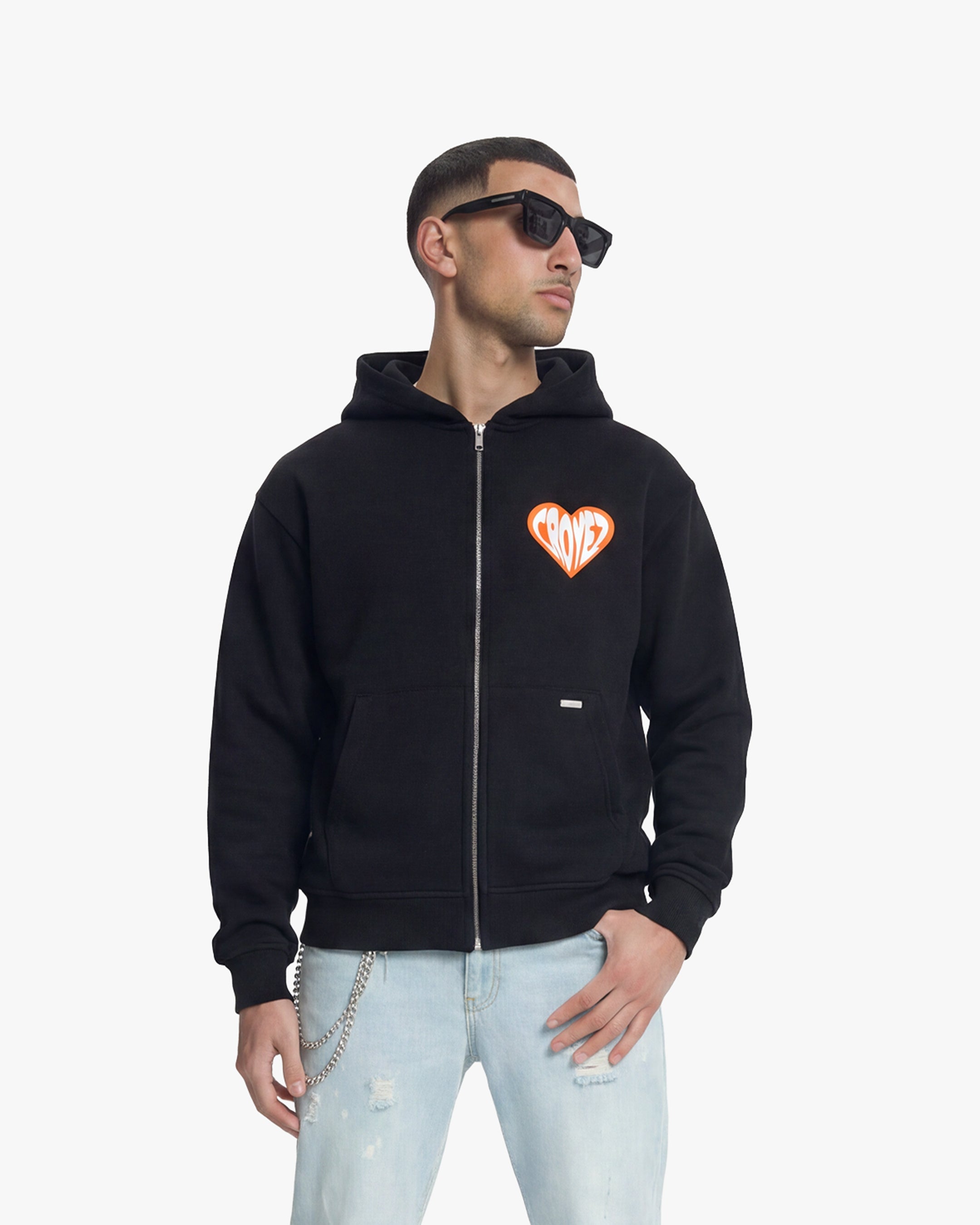 Croyez Puffed Heart Zip Hoodie - Black/Orange