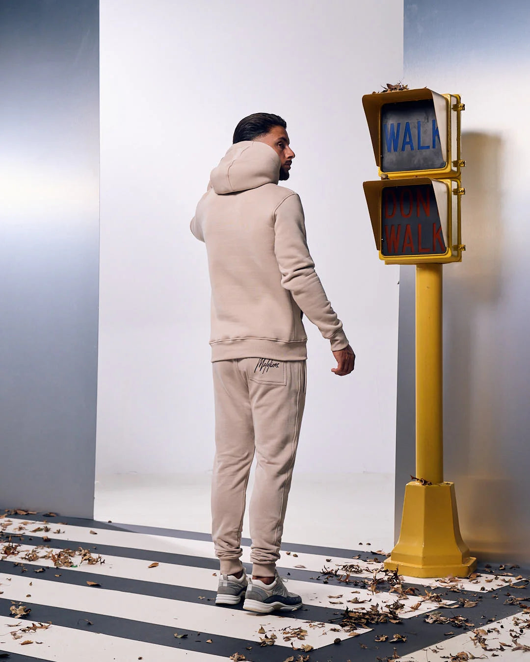 Malelions Striped Signature Hoodie- Beige